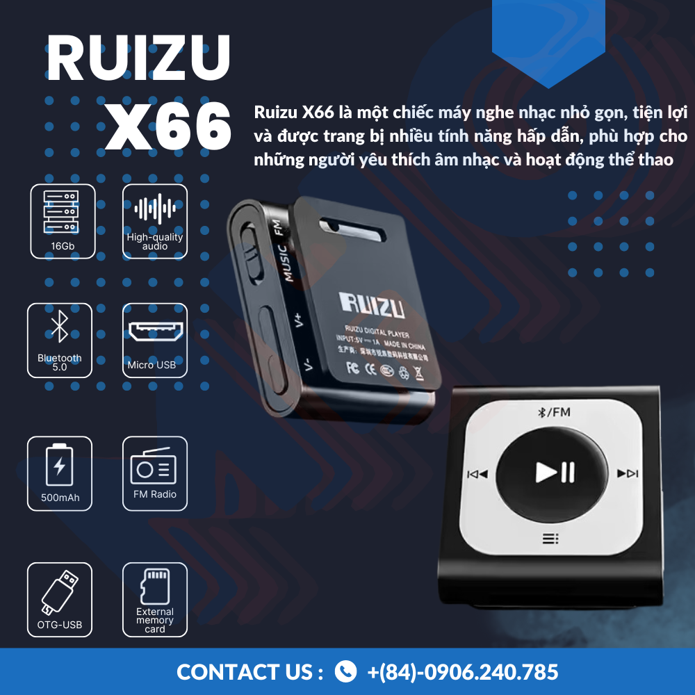 Ruizu X66 - Máy nghe nhạc Bluetooth 5.0, Bộ nhớ trong 32Gb, Hỗ trợ đa định dạng MP3 WMA OGG APE, Nghe đài FM, Kết nối OTG, Pin 500mAh, Kết nối nhanh chóng, Siêu nhỏ gọn, Siêu tiện lợi, Âm thanh đỉnh cao, Dễ dàng sử dụng