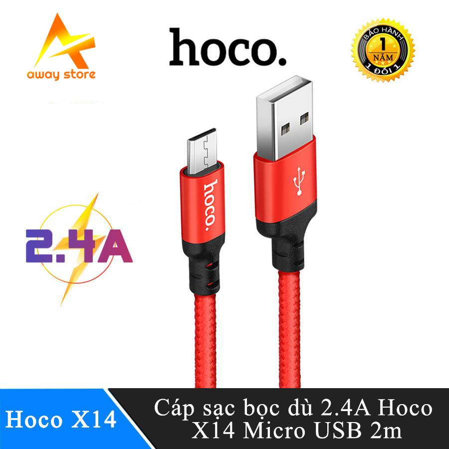Dây Cáp sạc Hoco X14 Micro USB cho điện thoại Androids dài 1m-2m tương thích với các thiết bị smartphone, mobile, tablet, máy tính bảng, sợi cable bọc vải dệt, lõi đồng nguyên chất chống đứt gãy/gẫy.