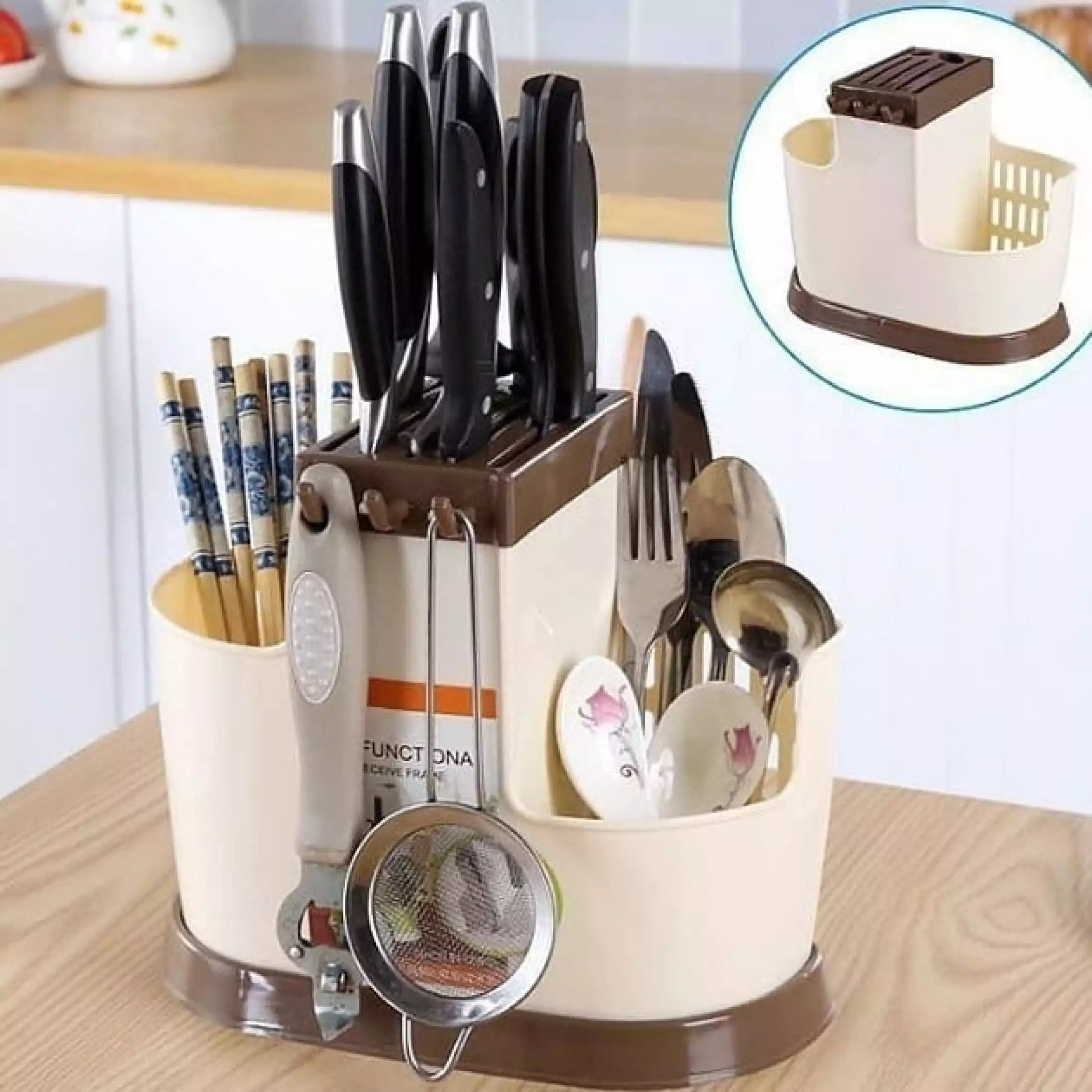 Ống cắm đũa khiêm kệ nhà bếp đa năng có nhiều móc và khe cắm dao treo đồ tiện lợi nhựa Việt Nhật cao cấp