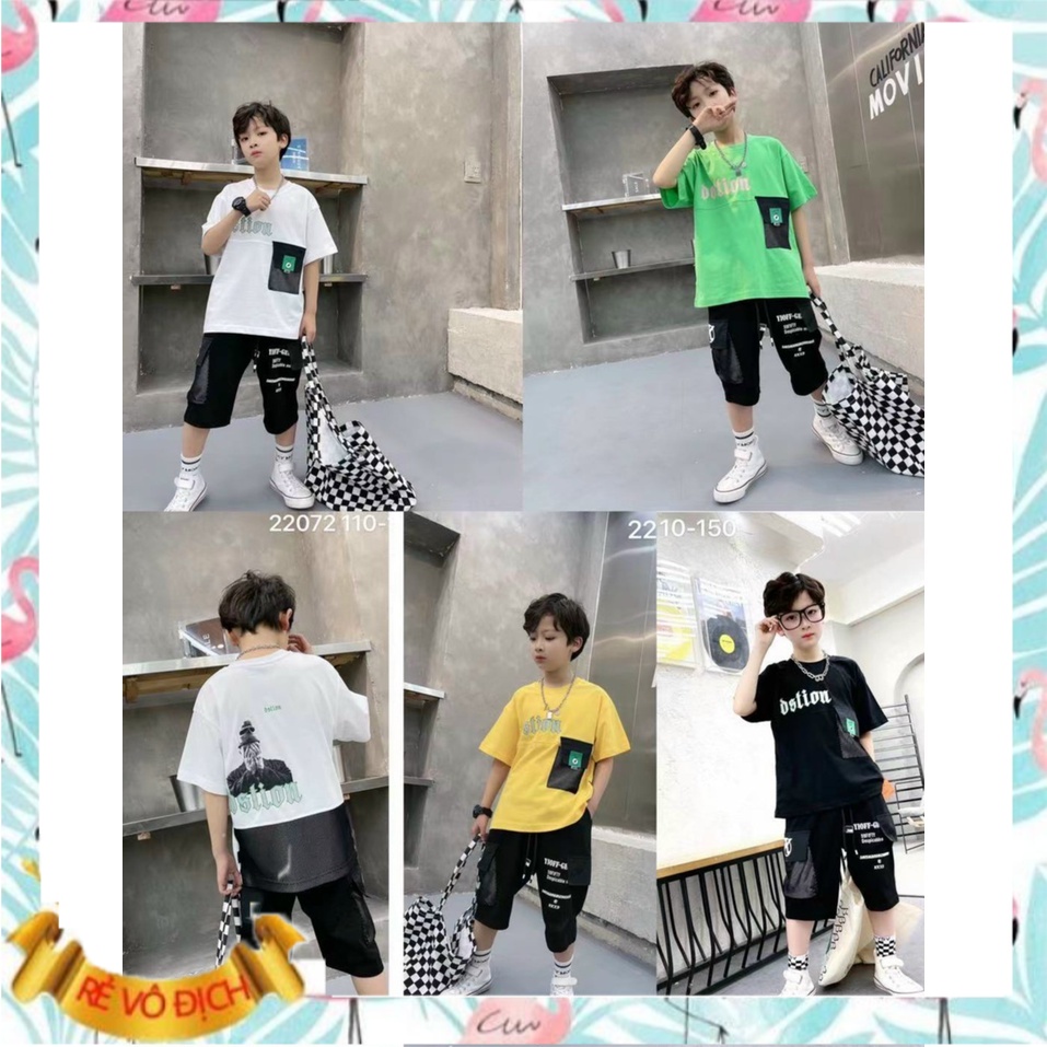 Đồ bộ bé trai 4-10 tuổi in chữ ostion và adidas thời trang cao cấp, Bộ cộc tay cho bé vải cotton co giãn thấm hút mồ hôi