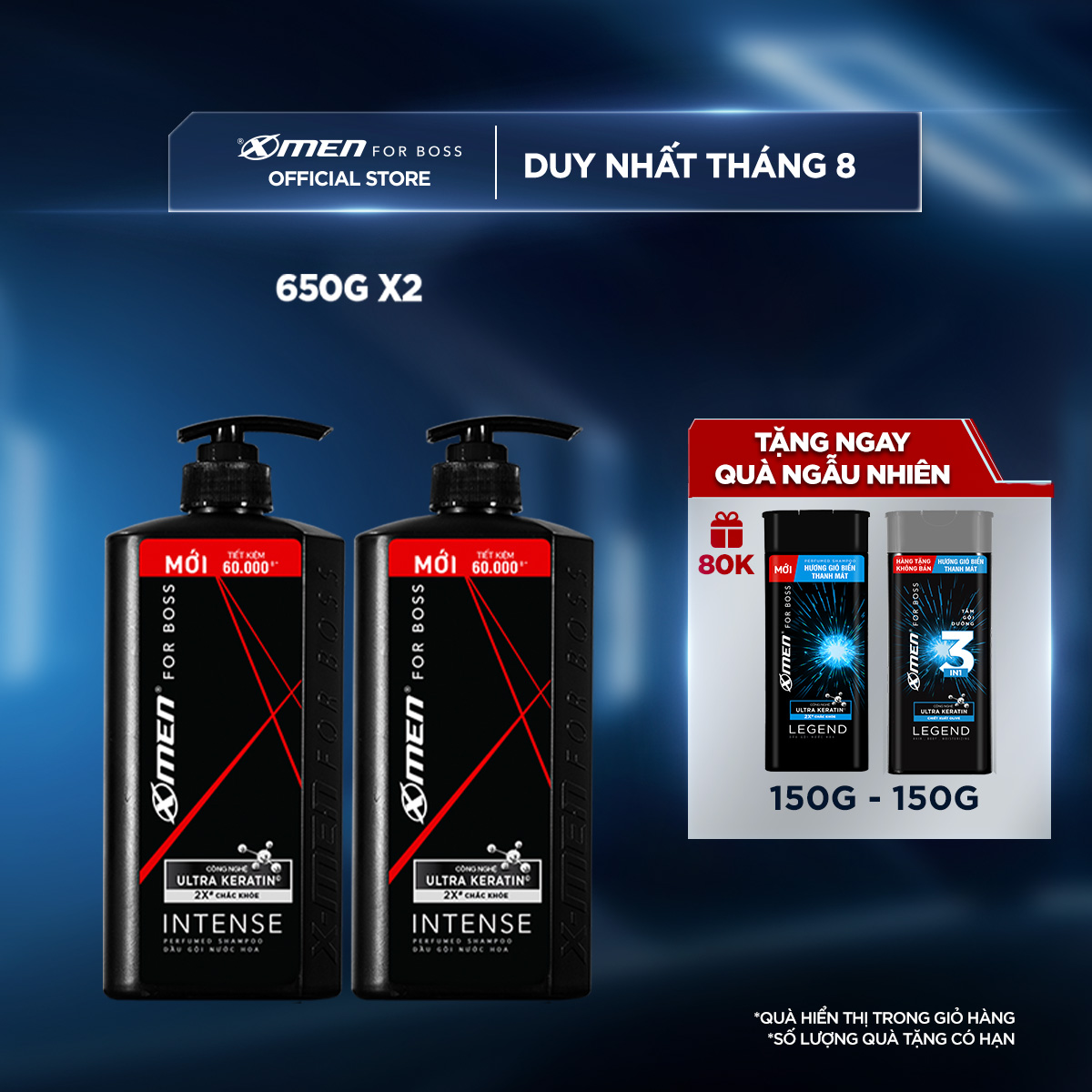 [Mua 1 được 3] Combo 2 Dầu gội X-Men for Boss hương trầm đầy nội lực Intense với Ultra Keratin© mới 650g