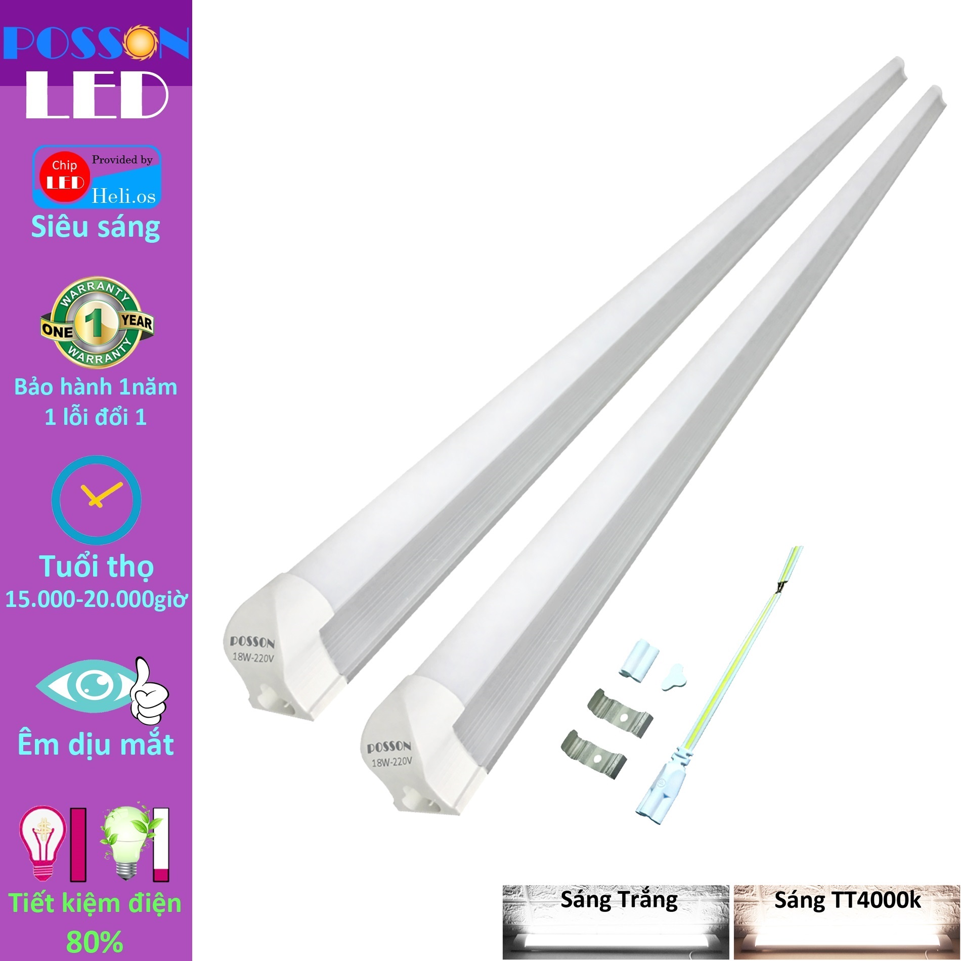 Bóng đèn tuyp led t8 1m2 18w liền máng sáng trung tính 4000k posson lt8-com120wa