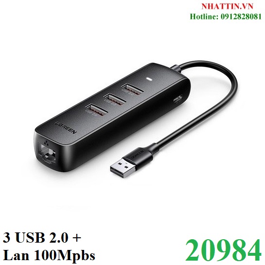 Hub chia usb 2.0 ra 3 cổng usb 2.0 + lan 100mbps ugreen 20984 cao cấp chính hãng