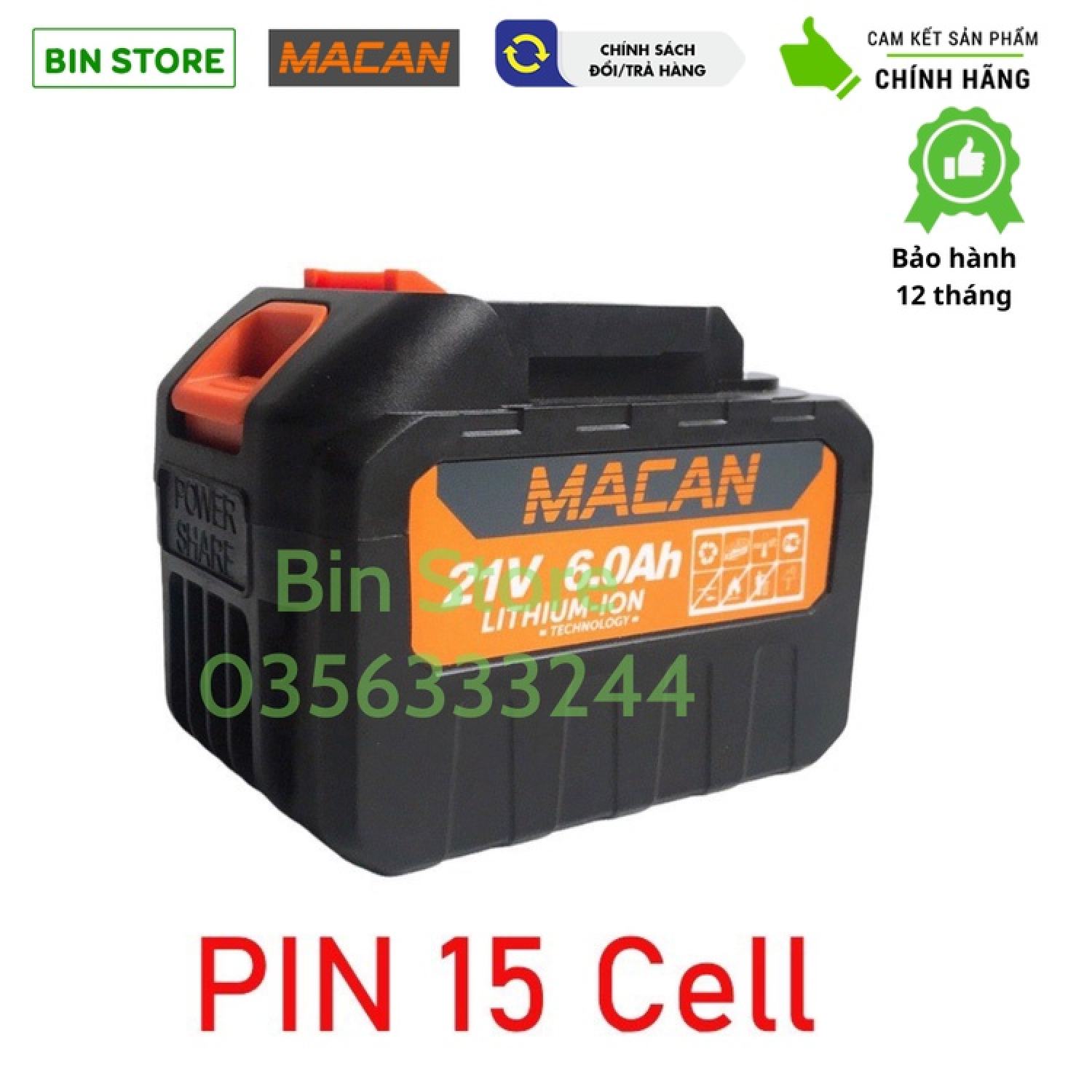 Pin 15 cell 21v macan dung lượng cao chân pin phổ thông - cực trâu