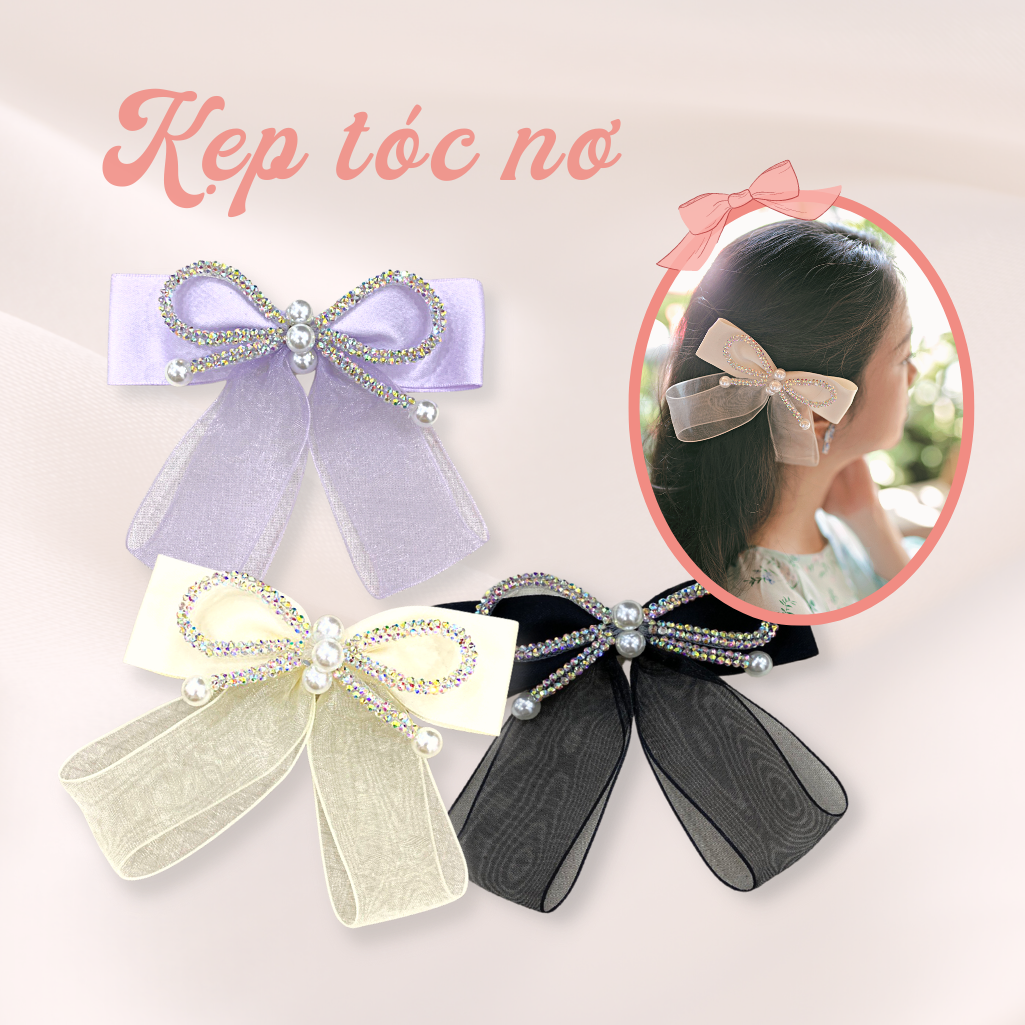 Sumire Store Kẹp tóc nơ đuôi voan lấp lánh phong cách tiểu thư yêu kiều