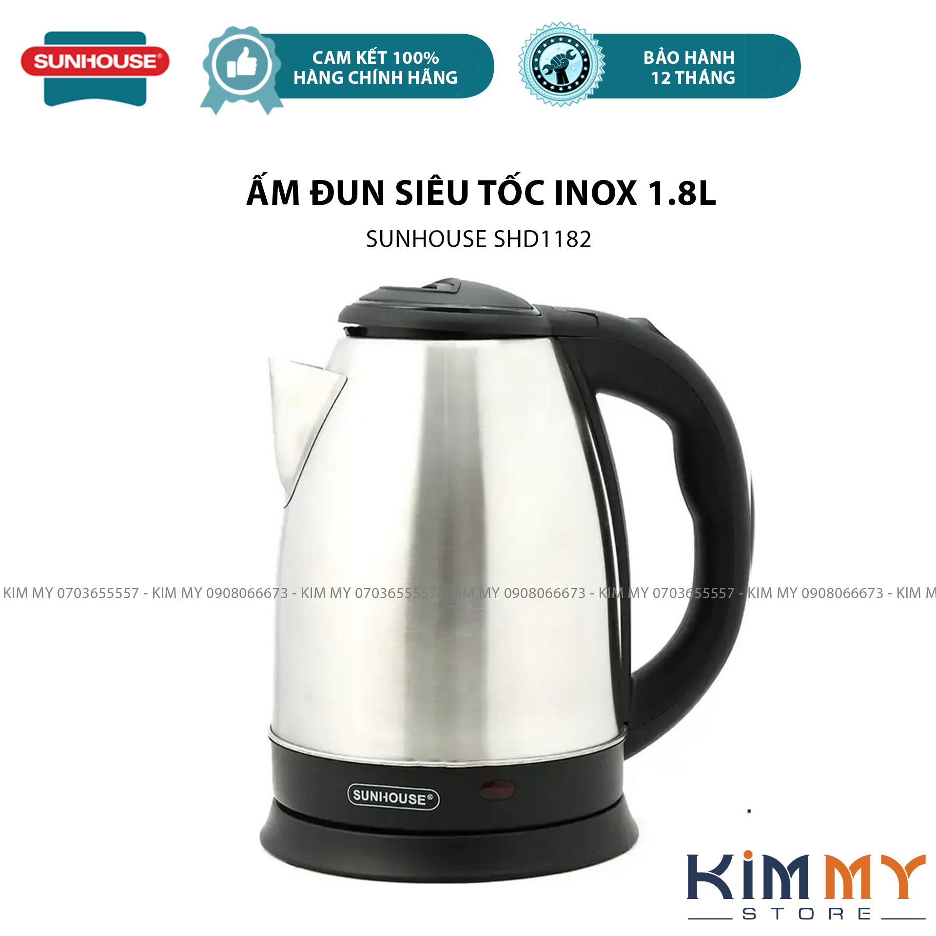Ấm đun siêu tốc inox 1.8l sunhouse shd1182 , bình đun nước siêu tốc sunhouse 1.8 lít - chính hãng bh toàn quốc