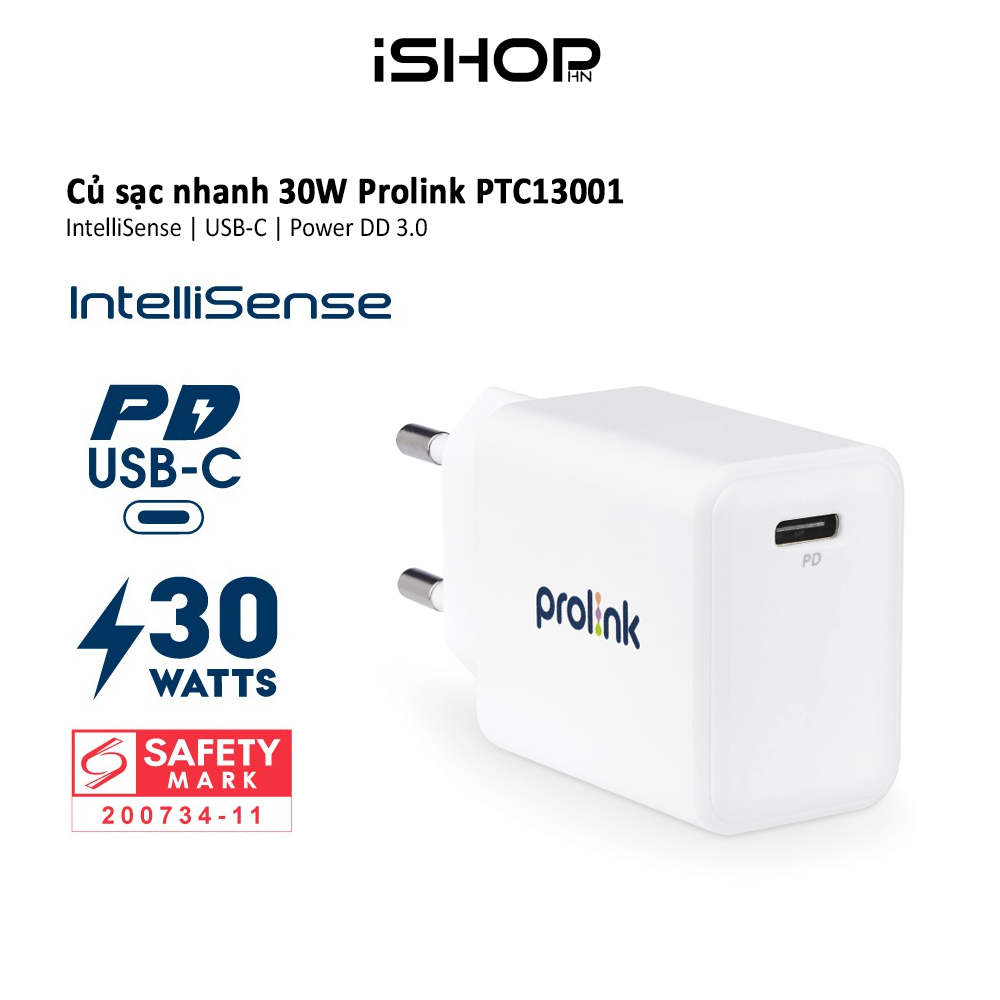 Củ sạc nhanh 30w prolink ptc13001, 1 cổng usb-c, intellisense, pd 3.0, sạc nhanh cho điện thoại, máy tính bảng