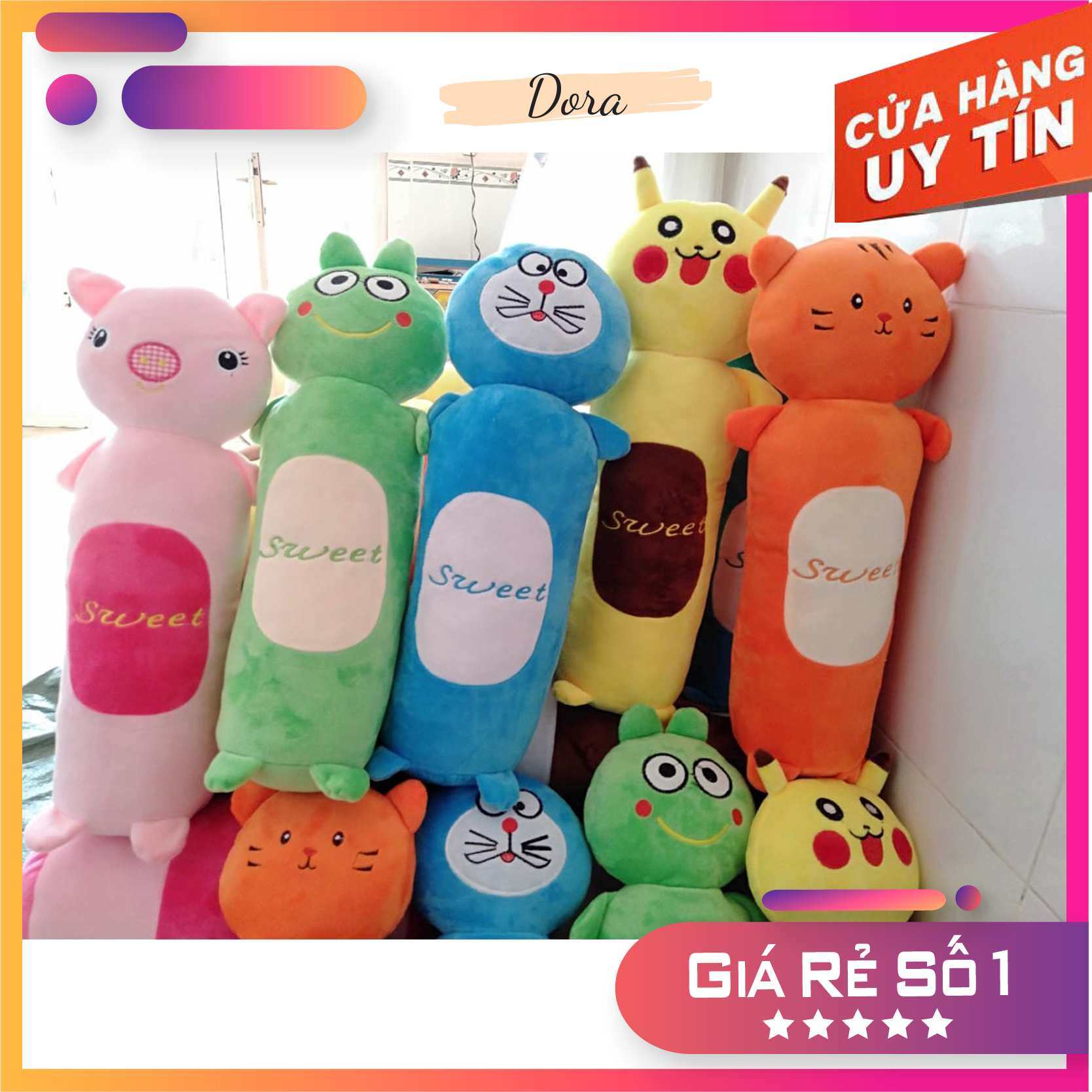 [HCM]Gối Ôm Cho Bé Nhồi Bông Hình Thú Doremon Pikachu Heo Thỏ Ếch Sweet - Vải Nhung Siêu Mịn Hàng Cao Cấp