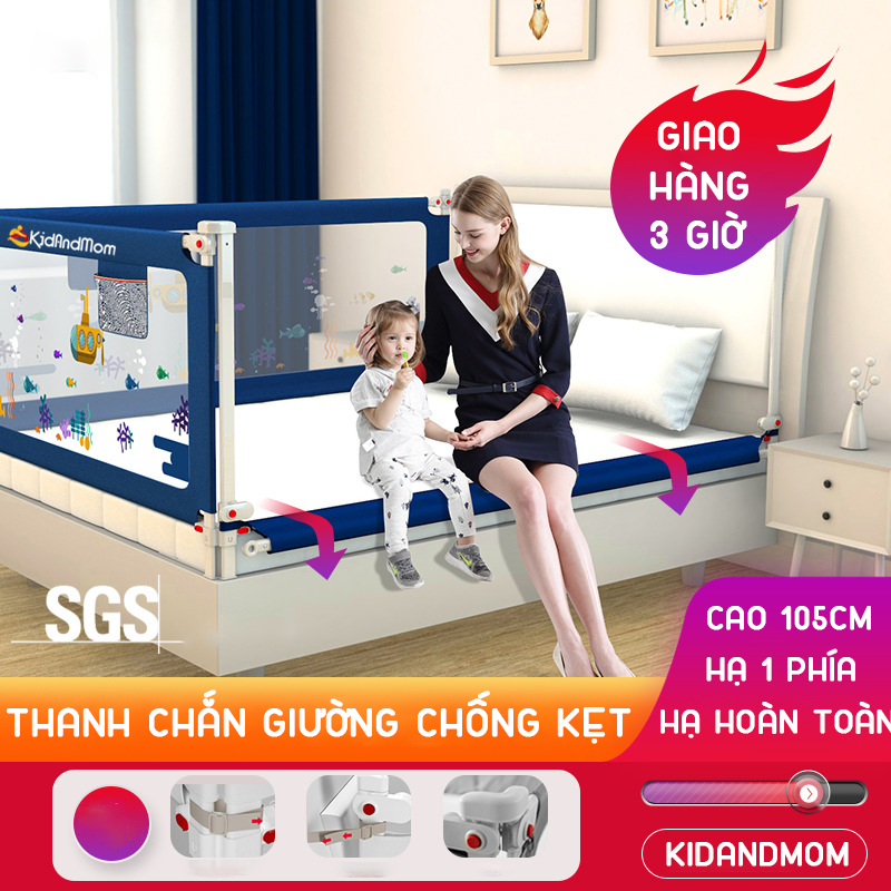 Thanh chắn giường KidAndMom BR02 chống kẹt chống vấp ngã cao tới 105cm hạ được 1 góc trượt lên xuống