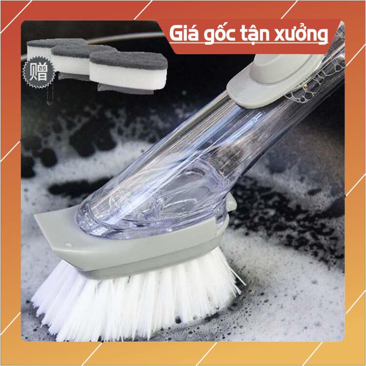 Bộ Bàn chải Cọ rửa bếp chén bát có bình chứa xịt dầu xà phòng, kèm theo 2 đầu bàn chải