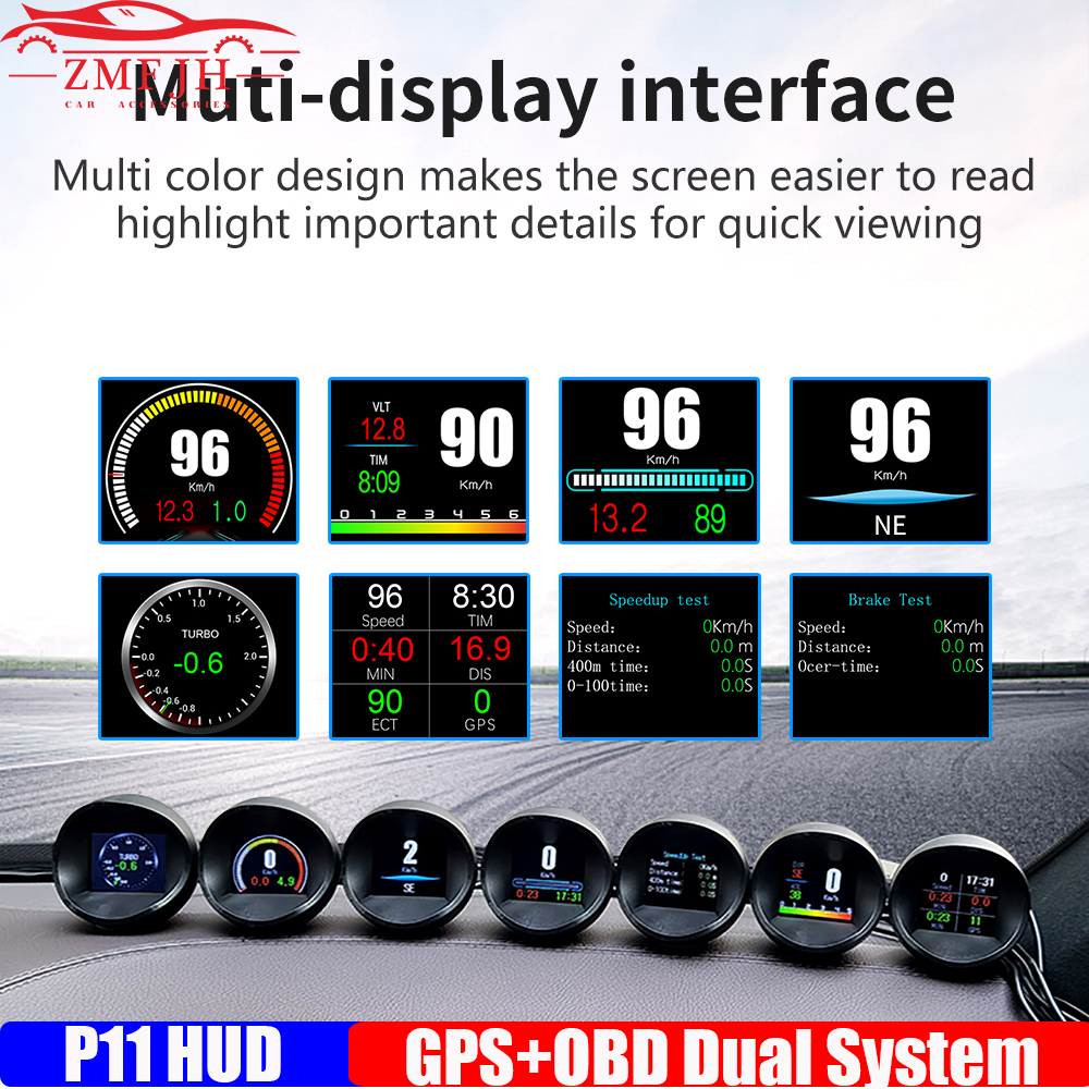 Đồng hồ đo tốc độ HUD tự động hiển thị hệ thống kép P11 OBD2 Đồng hồ đo tốc độ xe hơi đồng hồ đo điện tử nhiệt độ tăng áp Turbo máy chiếu xe hơi cho tất c