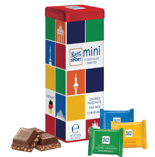 01 hộp sắt gift nhập khẩu từ đức sô-cô-la mini hỗn hợp ritter sport, 250g socola, chocolate, gift set