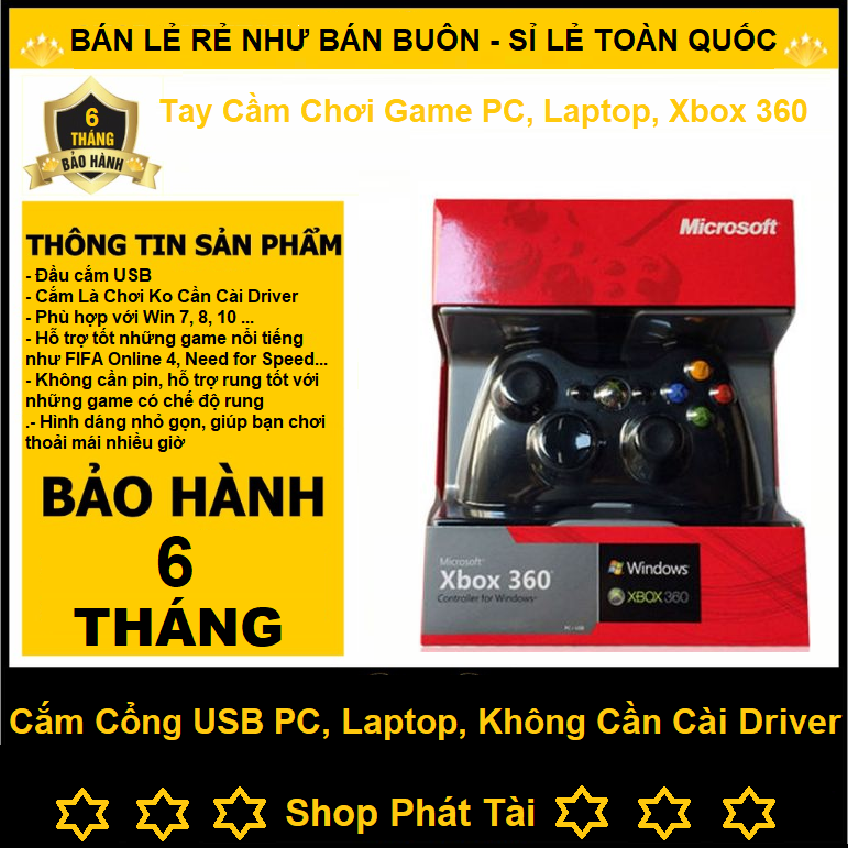 Tay Cầm Chơi Game Xbox 360 Có Rung, Tay Cầm Chơi Game Cắm Cổng USB Cho PC, Laptop Chơi Pes, FO4