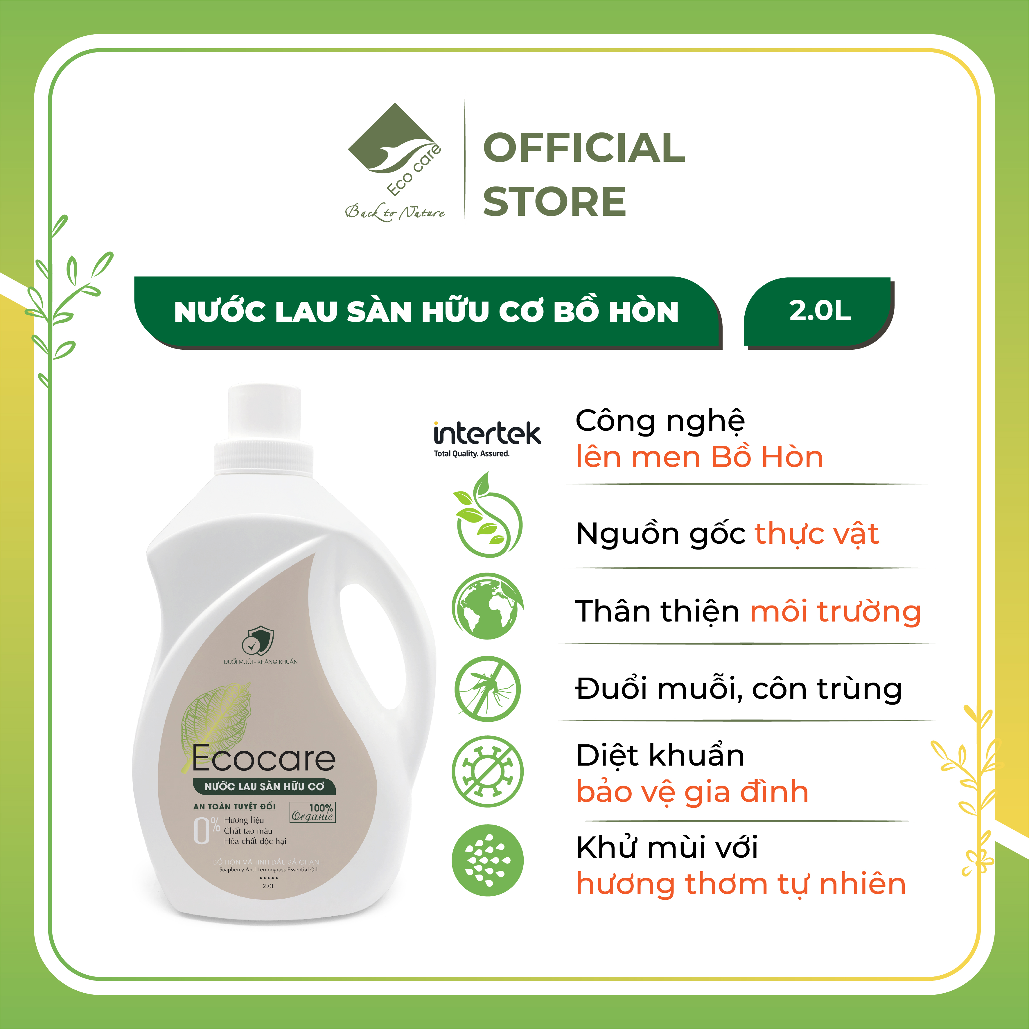 Nước lau sàn Hữu cơ Bồ hòn Ecocare, Nước lau nhà tinh dầu thiên nhiên đuổi muỗi, hương quế - sả chanh