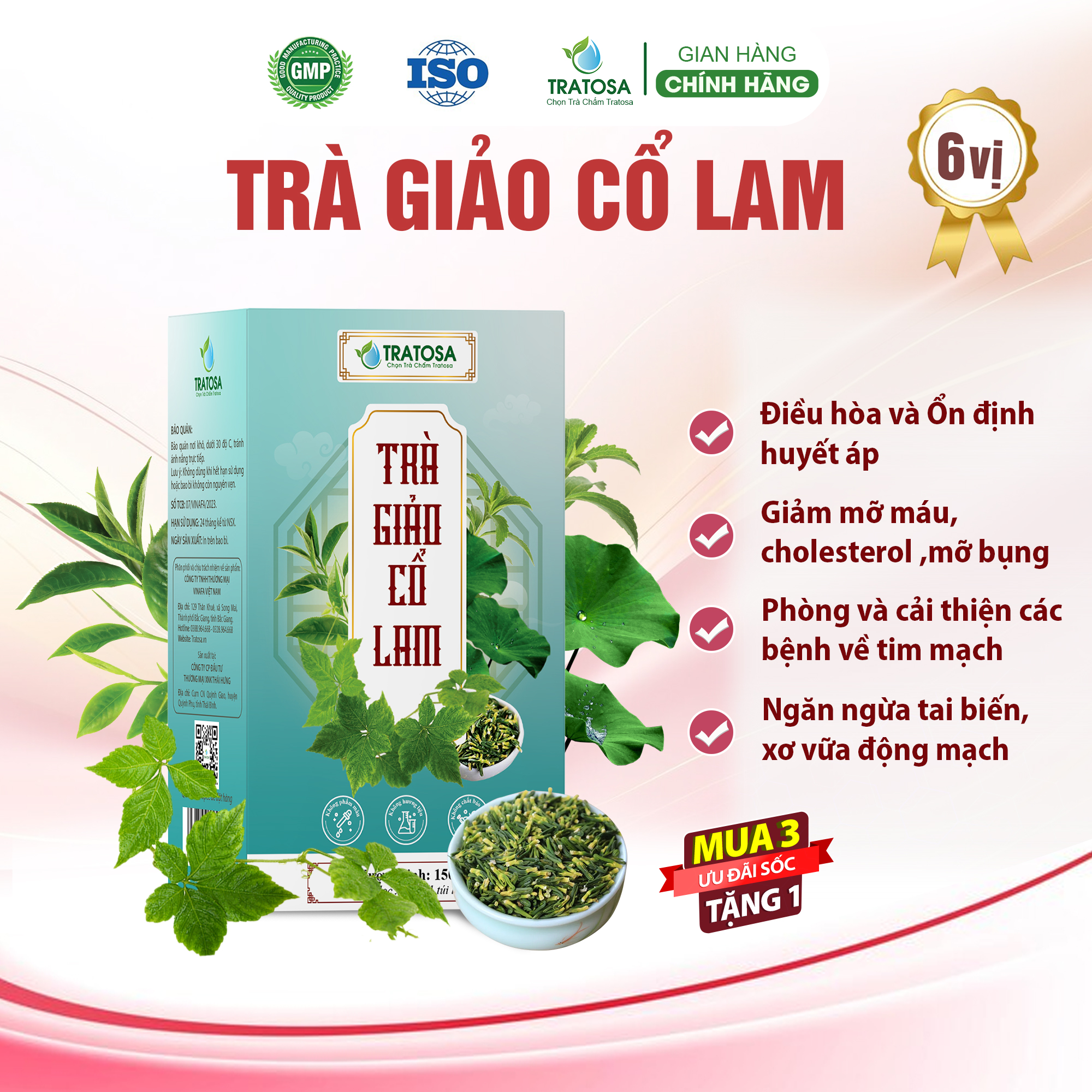 Trà giảo cổ lam TRATOSA 6 vị giúp hạ và ổn định huyết áp, giảm mỡ máu, mỡ bụng và phòng ngừa các vấn đề về tim mạch