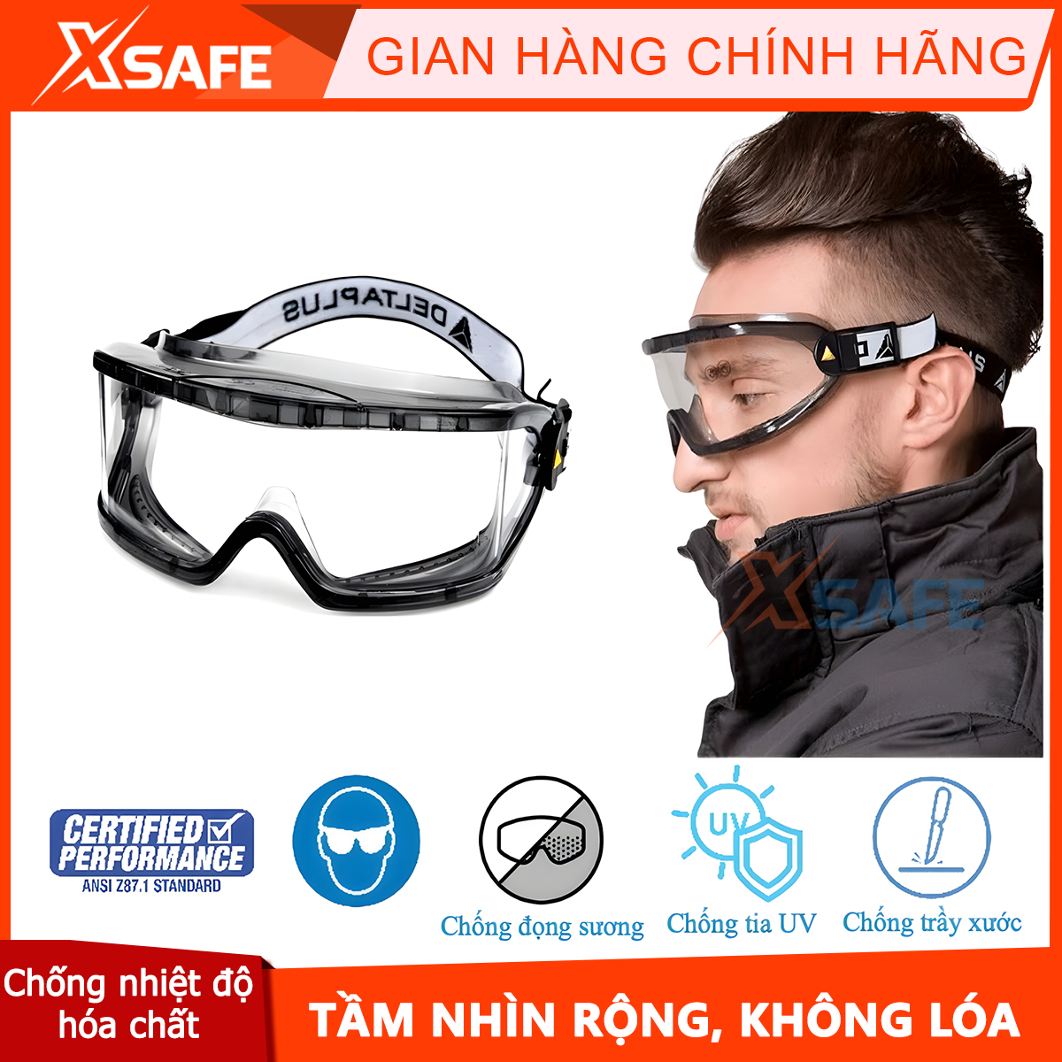 Kính bảo hộ chống hóa chất Deltaplus Galeras mắt kính đeo được cùng kính cận, điều chỉnh, chống bụi , hạn chế đọng sương cam kết chính hãng