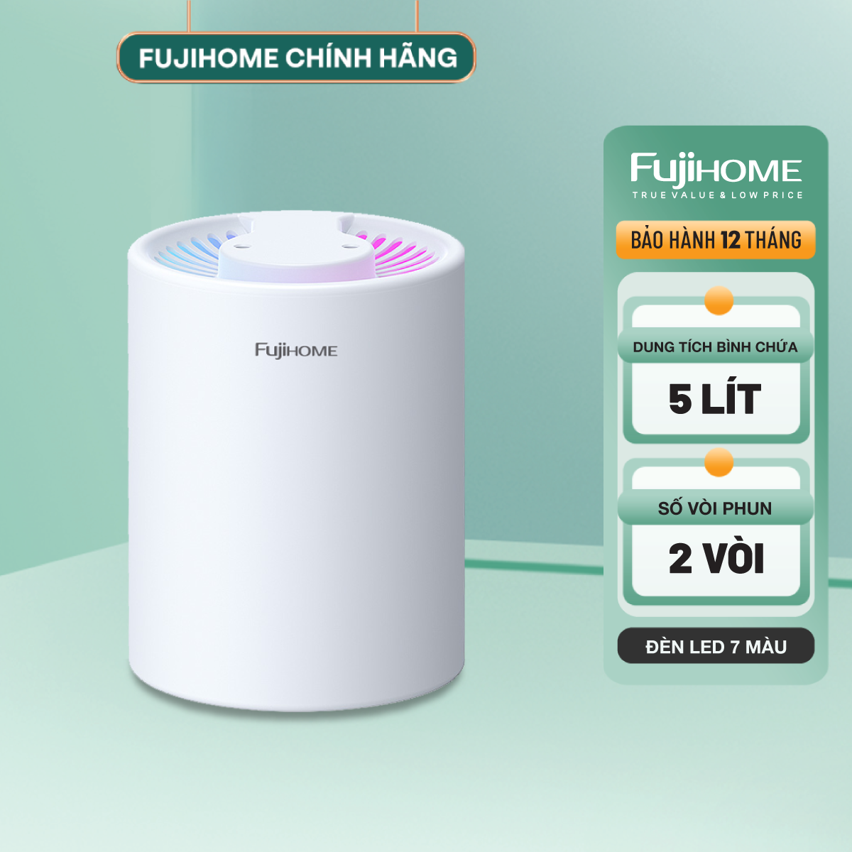 Máy phun sương, tạo ẩm FUJIHOME HM05A dung tích lớn 2 vòi phun , tích hợp đèn Led 7 màu - Bảo hành điện tử toàn quốc