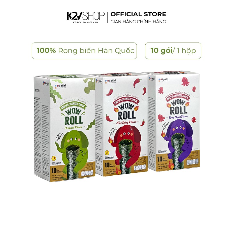 Snack rong biển ăn liền con voi wow roll vị truyền thống, vị cay, vị mực cay 10 gói/hộp