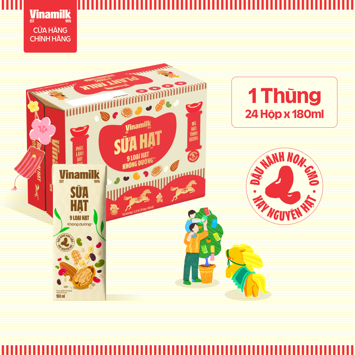 Có Thể Nhận Bao Bì Tết Thường Sữa 9 loại hạt Không Đường Vinamilk - Thùng 24 hộp 180ml