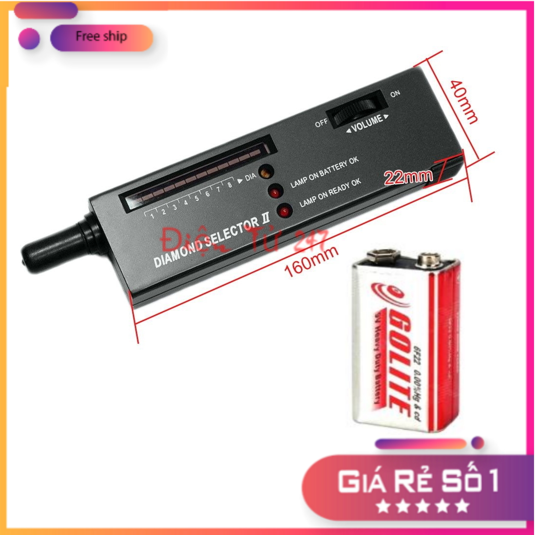 Bút thử đá quý, kim cương độ chính xác cao có led báo tặng kèm pin 9v