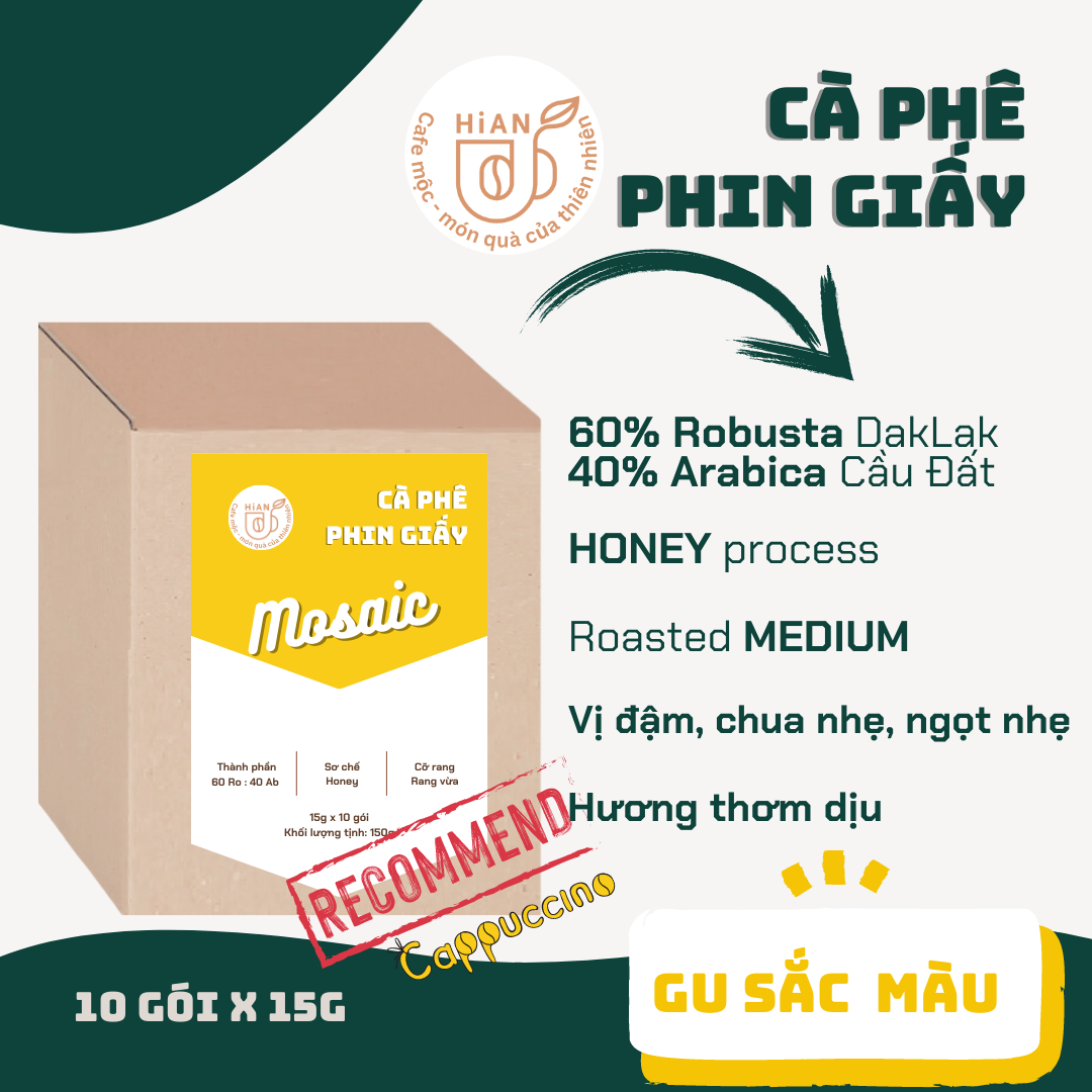 Hộp 10 gói Cà phê phin giấy 60% Robusta 40 % Arabica Mosaic tiện lợi du lịch, túi drip cafe, phin giấy, kraft cà phê HiAn cafe