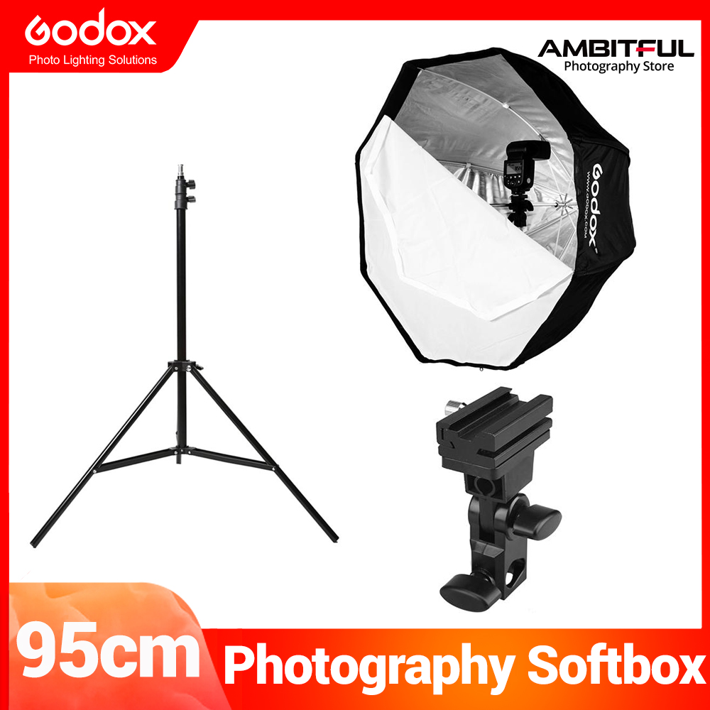 Godox 95cm 37.5'' Octagon Umbrella Softbox + 200cm Light Stand + Type-B Hot Shoe Holder Bracket Kit for Canon Nikon Godox Speedlite Flash