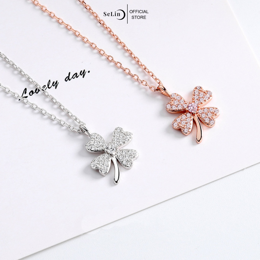 Vòng cổ bạc selin jewelry dây chuyền bạc nữ 925 cỏ bốn lá đính đá lấp lánh nữ tính