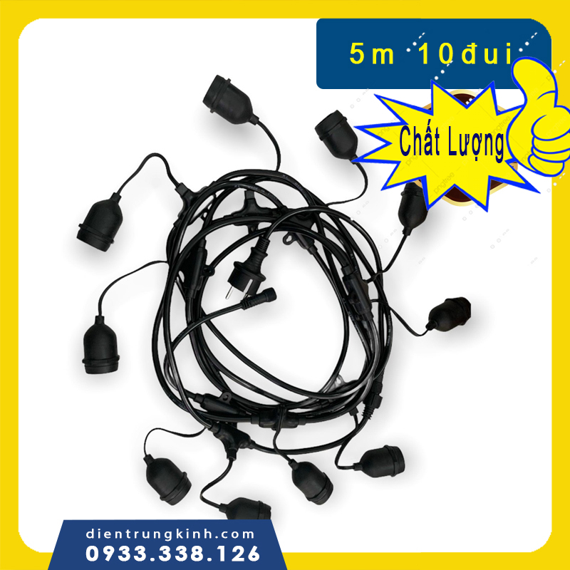 Dây Đui Đèn Ngoài Trời 5m 10 Đui Chất lượng tốt. Lắp đặt các Đèn led chanh màu, Edison, Led buld