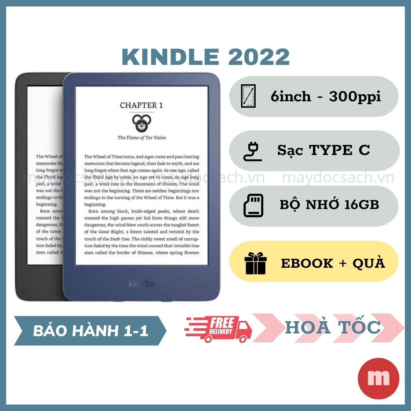 Máy đọc sách kindle 2022 - all new kindle 11th-generation - kindle basic 2022 - mật độ hiển thị 300ppi, sạc type c, 16gb