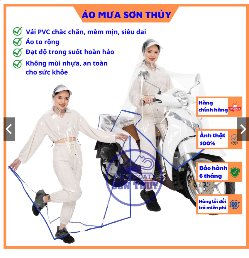 Áo mưa trong suốt Sơn Thủy vải dày, to rộng PVC freesize cam kết chính hãng