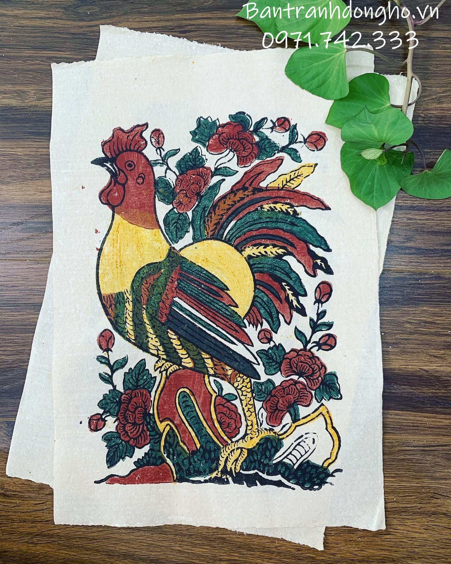 Tranh Đông Hồ Gà trống hoa hồng - Gà kê cúc