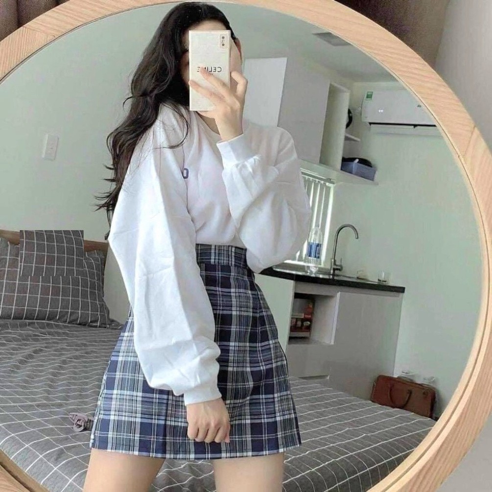 Bộ chân váy kẻ áo thun cautio set váy chữ a kèm áo phông dài tay - set chân váy áo phông thời trang dạo phố