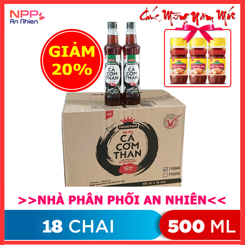 [Tặng 3 hủ satế tôm mực 85g] Thùng 18 Chai Nước Nắm Cá Cơm Than Thuận Phát 500ML