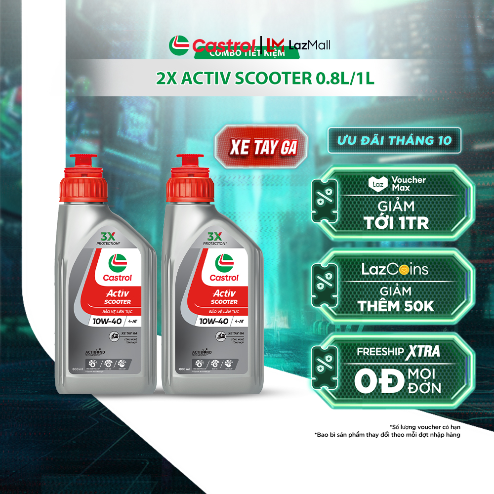 COMBO 2 Dầu nhớt xe tay ga CASTROL ACTIV SCOOTER 10W-40 (0.8L/1L)