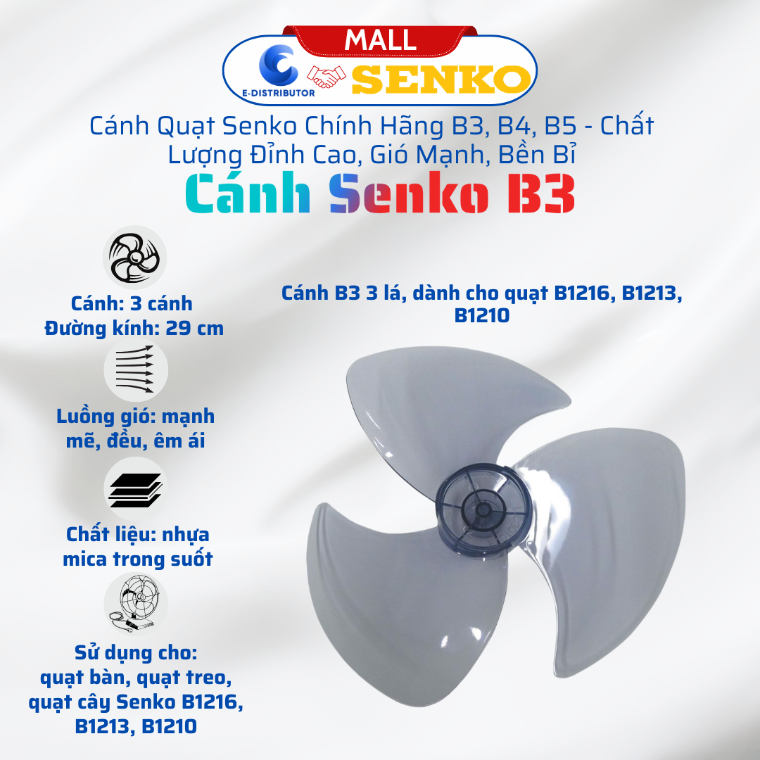 Cánh quạt 3 - 5 - 7 cánh Senko B3 B4 B5- Khóa Lồng Khóa Cánh - Nút Giật Điều Khiển Xoay Quạt - Pat Chữ U Gắn Quạt Vào Tường Quạt Senko - Hàng Chính Hãng
