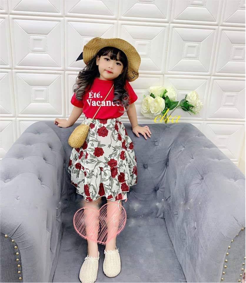Sét bộ áo + váy hoa hồng cho bé gái