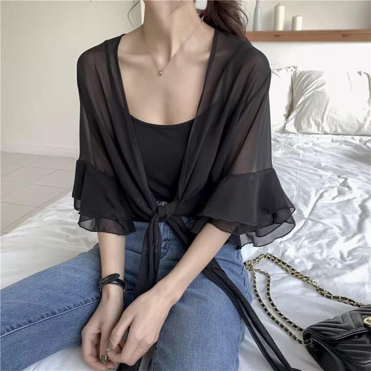 Áo khoác cột eo tay loe vải chifon thời trang mới sành điệu