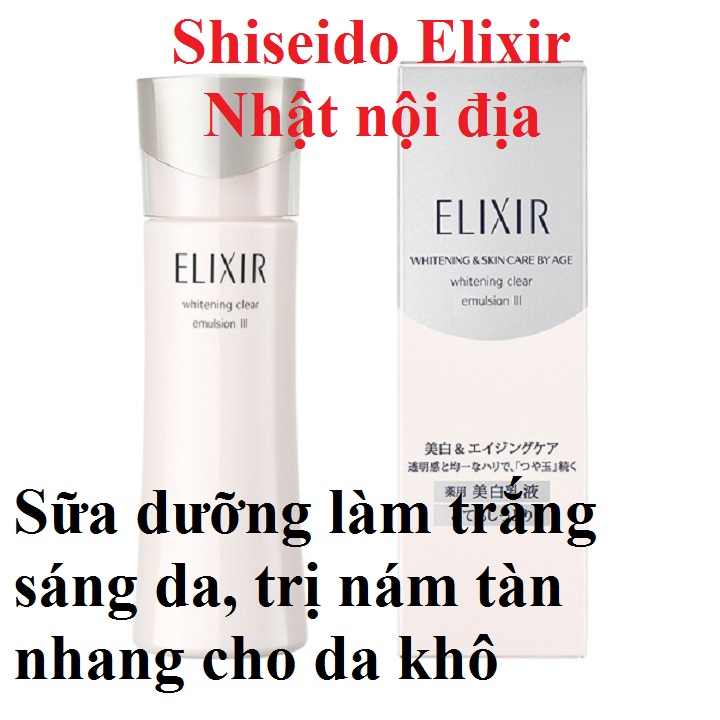 Sữa dưỡng ẩm trắng da cho da khô Shiseido Elixir Whitening Clear Emulsion III 130mL - Nhật bản (Da khô)