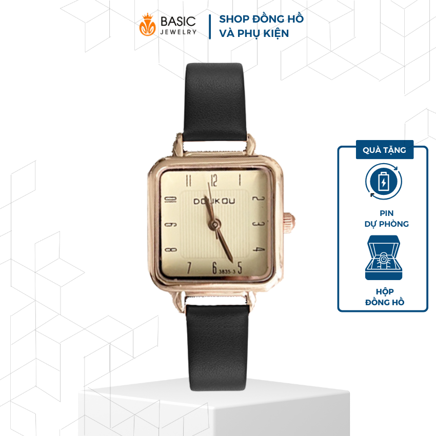 Đồng hồ nữ thời trang dây da đeo tay Doukou mặt số vuông retro vintage chống nước nhẹ Basic Jewelry DH15