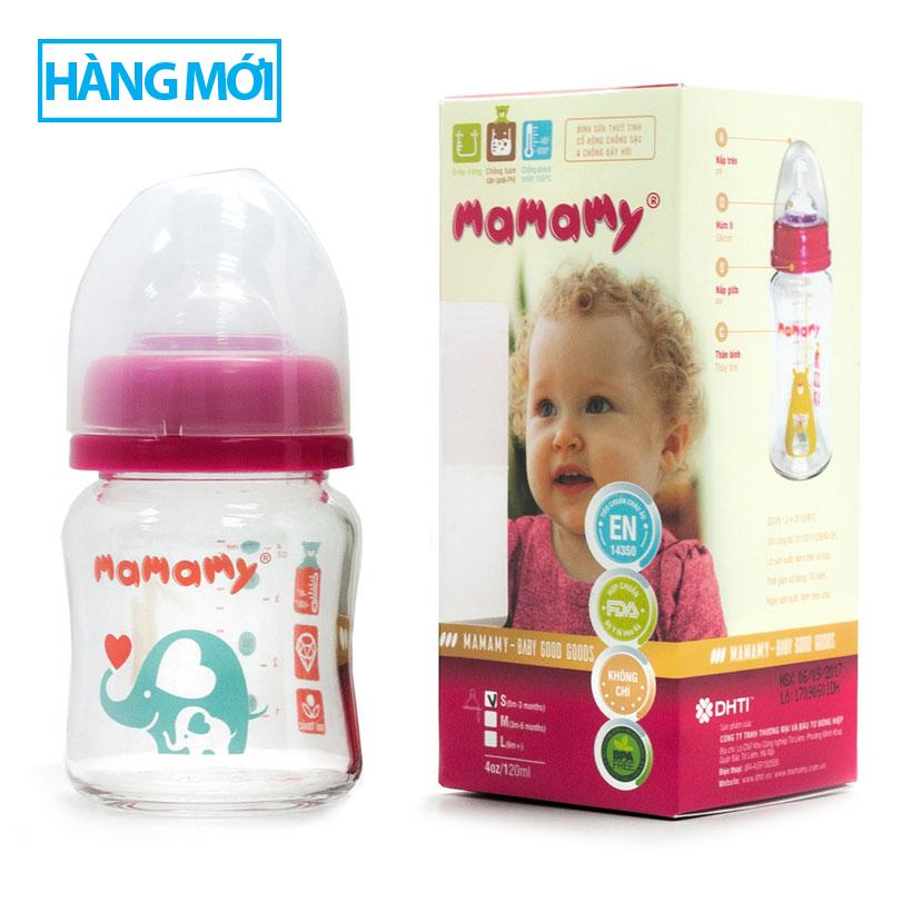 Bình sữa thủy tinh cổ rộng chống sặc và đầy hơi mamamy 120ml