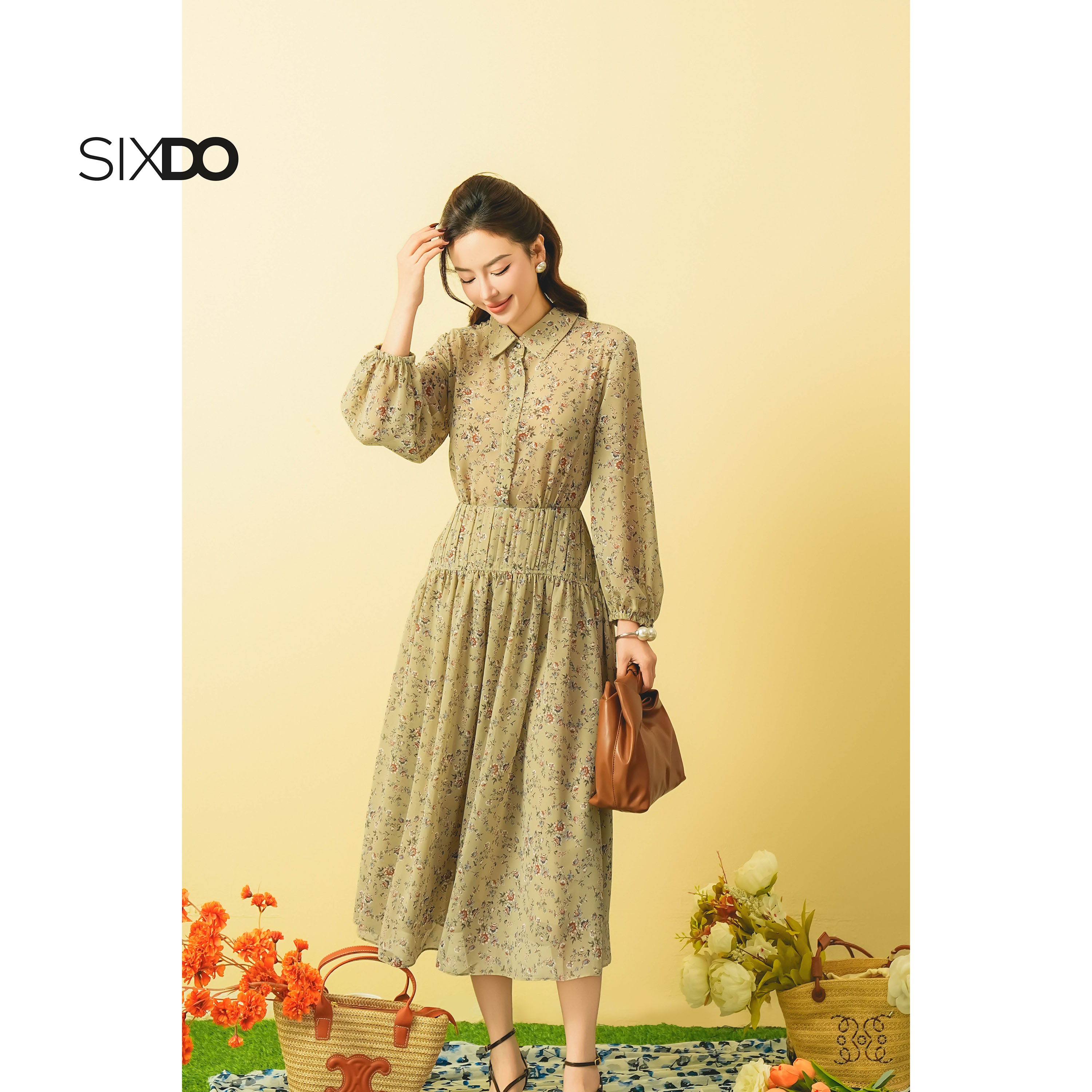Đầm sơ mi chiffon dài tay hoa tiết hoa SIXDO (Chiffon Flared Dress 1)