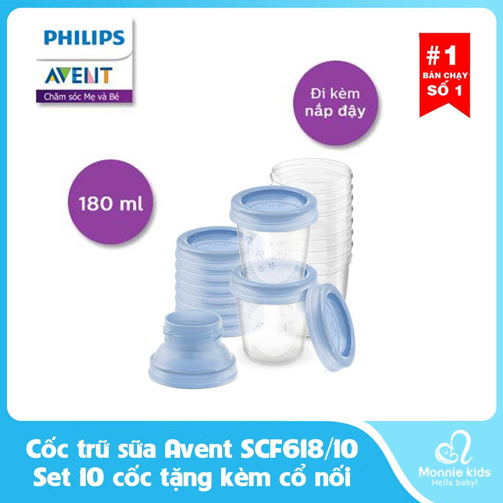Set 10 cốc trữ sữa avent có nắp đậy tặng kèm cổ nối bình