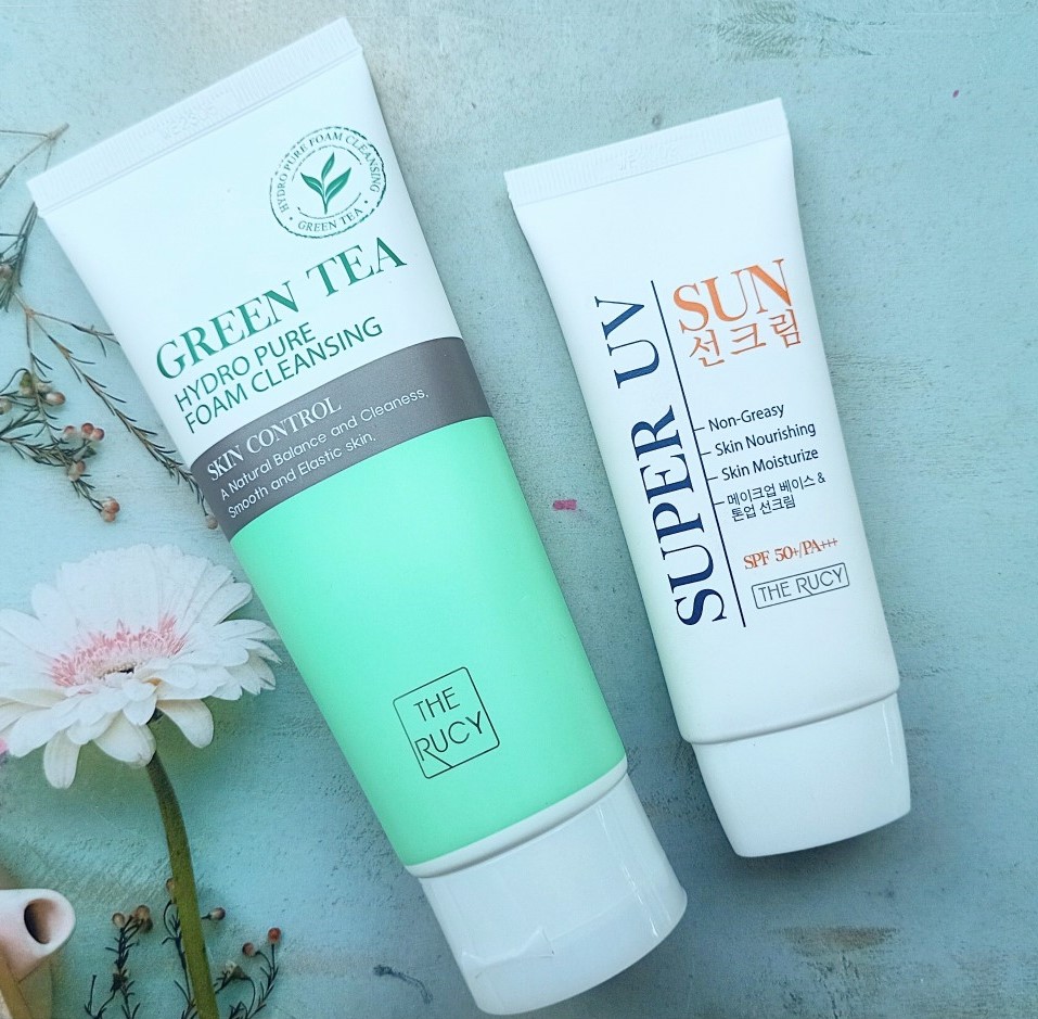Set chăm sóc da cao cấp hàn quốc the rucy bao gồm sữa rửa mặt trà xanh 150ml và kem chống nắng vật lý super uv suncream spf 50+/pa+++ 50ml