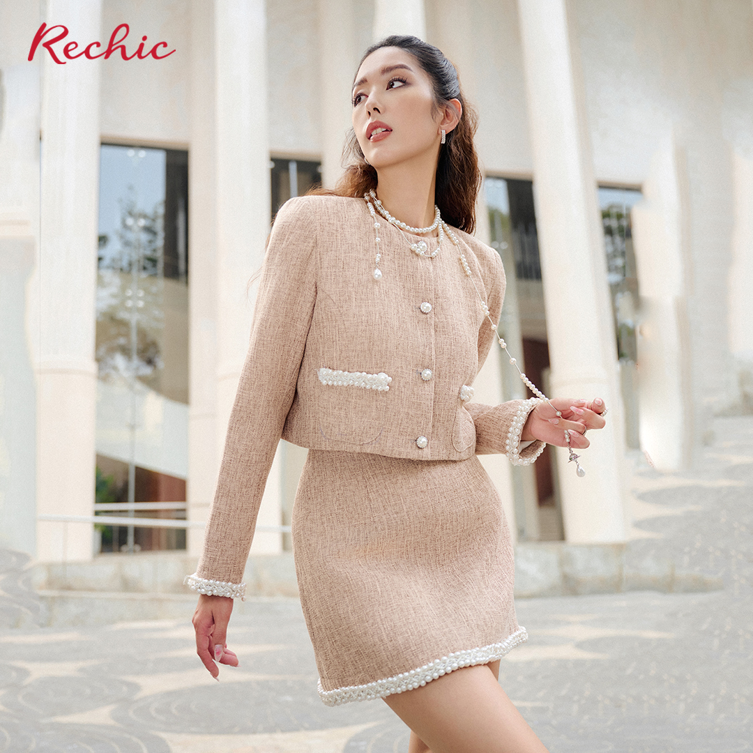 RECHIC Set Kristy áo tay dài và chân váy dáng A chất bố tweed sang trọng tiểu thư