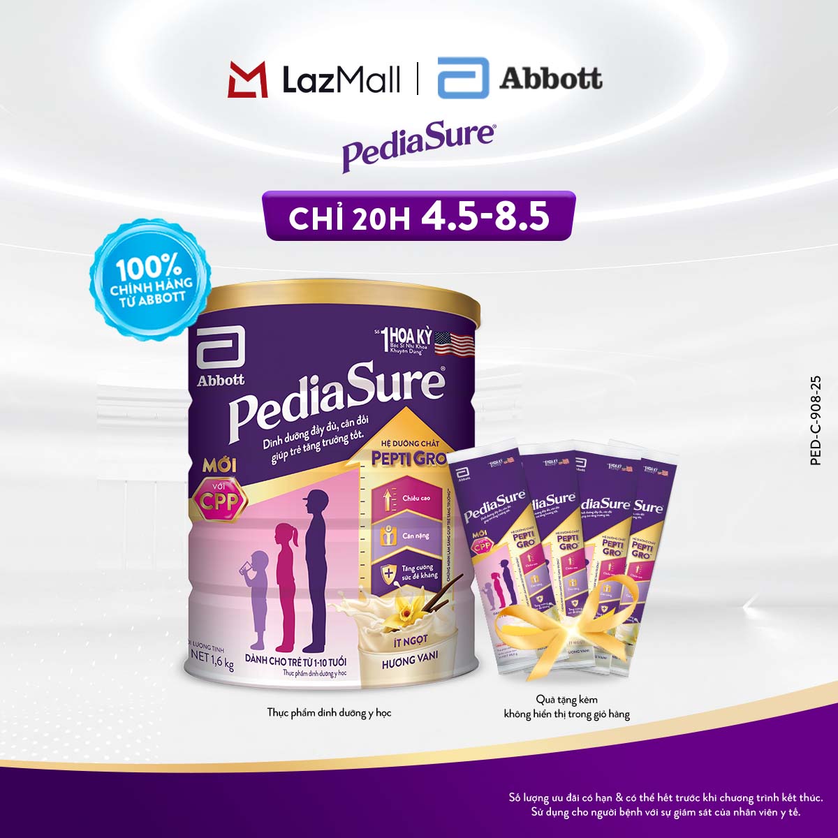 [CHỈ 20H 04-08.05 GIÁ TỐT MUA NGAY - SLCH] [Tặng 04 gói dùng thử] 1 lon PediaSure 1-10 tuổi dạng bột hương Vani 1.6kg