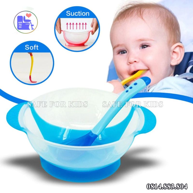 Bát Ăn Dặm Chống Đổ - Bát Ăn Dặm Đế Hút Silicon Kèm Thìa Báo Nóng An Toàn Cho Bé Yêu