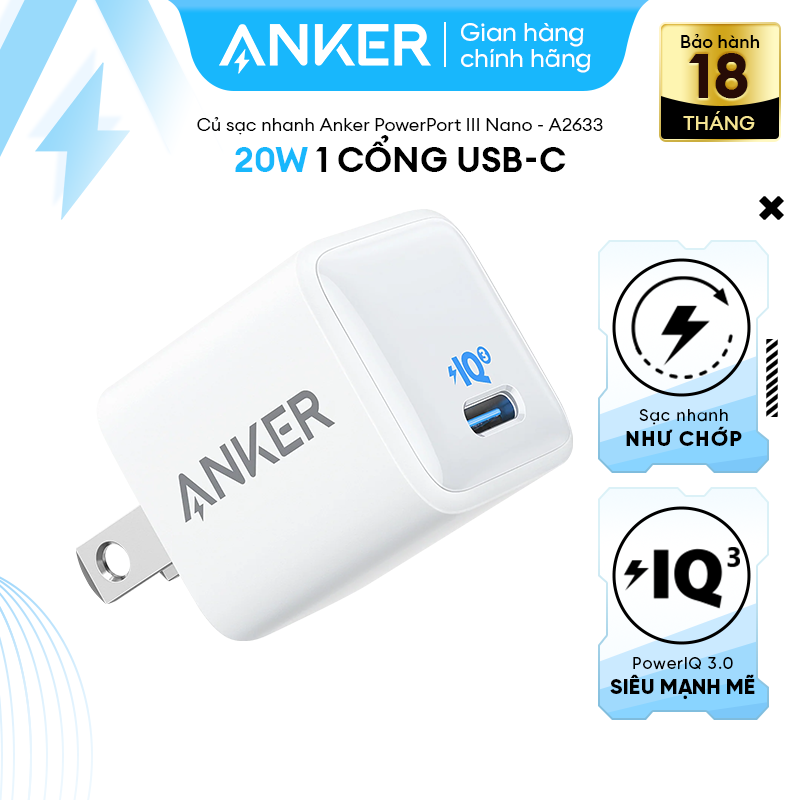 Củ sạc anker powerport iii nano 20w - 01 cổng usb-c - công nghệ poweriq 3.0 tích hợp pd - a2633
