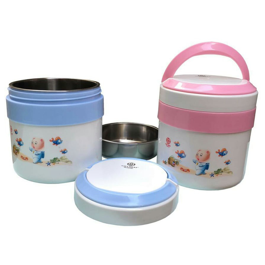 HỘP ĐỰNG CƠM GIỮ NHIỆT-CÀ MÊN 2 NGĂN RUỘT INOX NHỰA VIỆT NHẬT DUNG TÍCH 1L