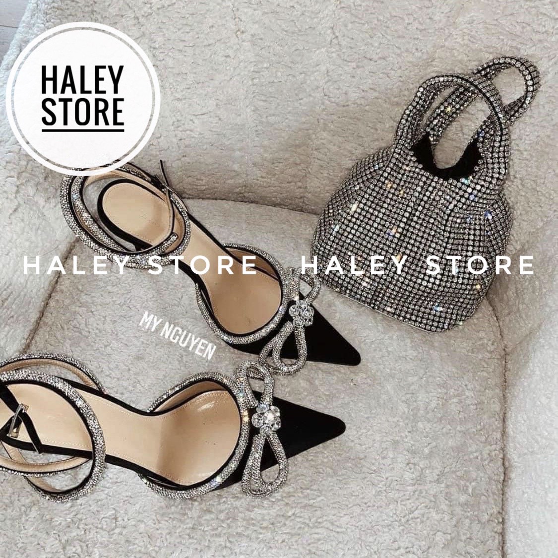 Giày sandal HALEY STORE bít mũi da lụa đính nơ xoàn đá phale quai trong suốt lấp lánh đi tiệc cô dâu ngày cưới rẻ bền đẹp