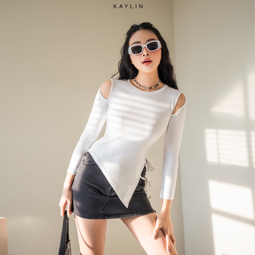 Áo thun nữ body tay dài kaylin khoét vai cột dây thắt eo - n1842